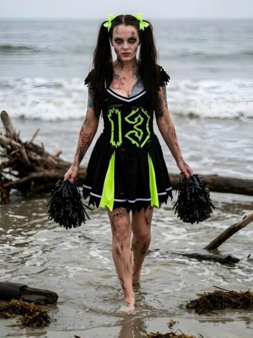 Trickz N Treatz ✦ Zombie Cheerleader Costume ✦ Distressed Pleated Raw‑Hem Mini